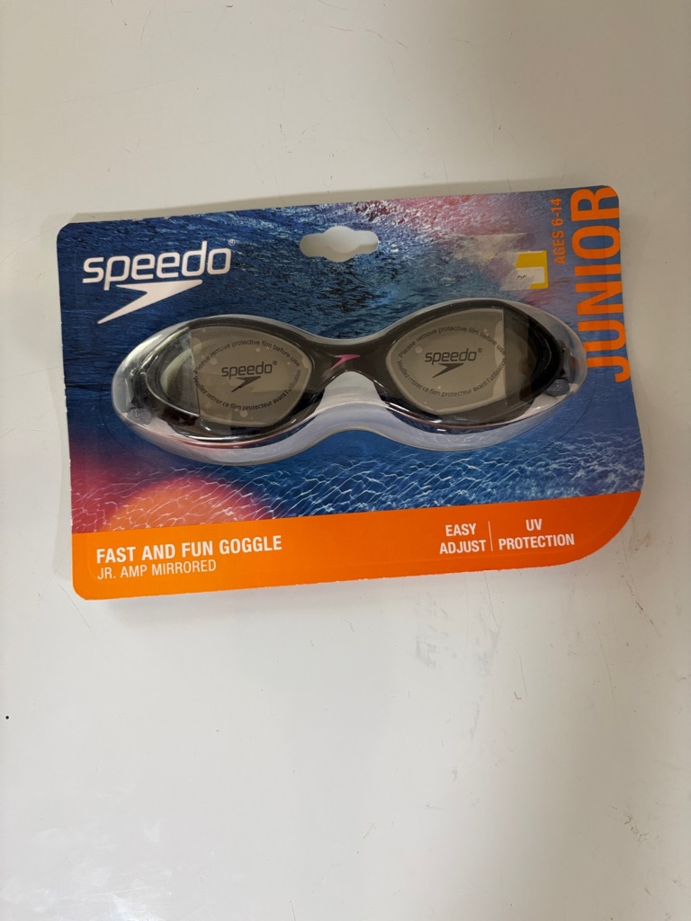 Speedo Kids Mirrored Swim Goggles - Black and Orange Packaging